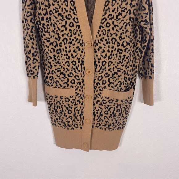 J. Crew Tan & Black Leopard Print V Neck Button Front Cardigan Sweater - Picture 4 of 6